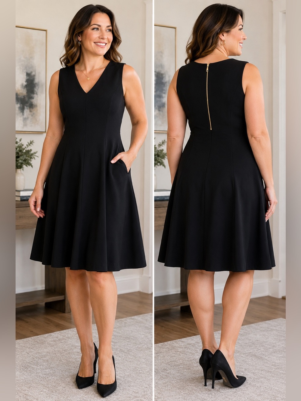 NWT Calvin Klein Black Fit & Flare Dress Size 12 Gold Zip Sleeveless